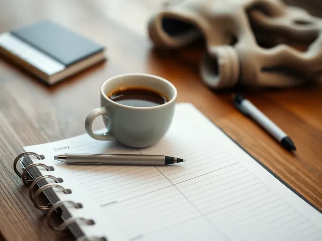 Planificador con notas y una taza de café en una mesa de madera.