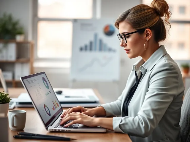 Mujer de negocios analizando infografías en su laptop