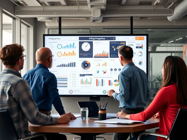 Equipo trabajando en infografías en una oficina moderna