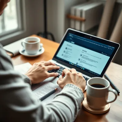 Persona analizando posts antiguos en laptop.