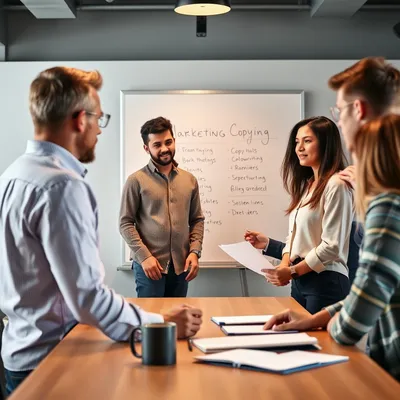 Equipo diverso discutiendo estrategias de marketing