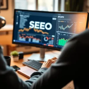 Persona analizando datos SEO en una computadora.