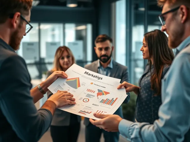 Equipo de marketing discutiendo estrategias sobre una infografía