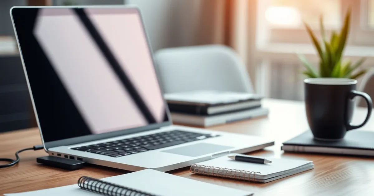 Espacio de trabajo moderno con laptop y café