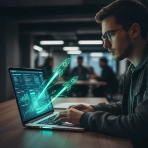Persona analizando datos de contenido en un portátil.